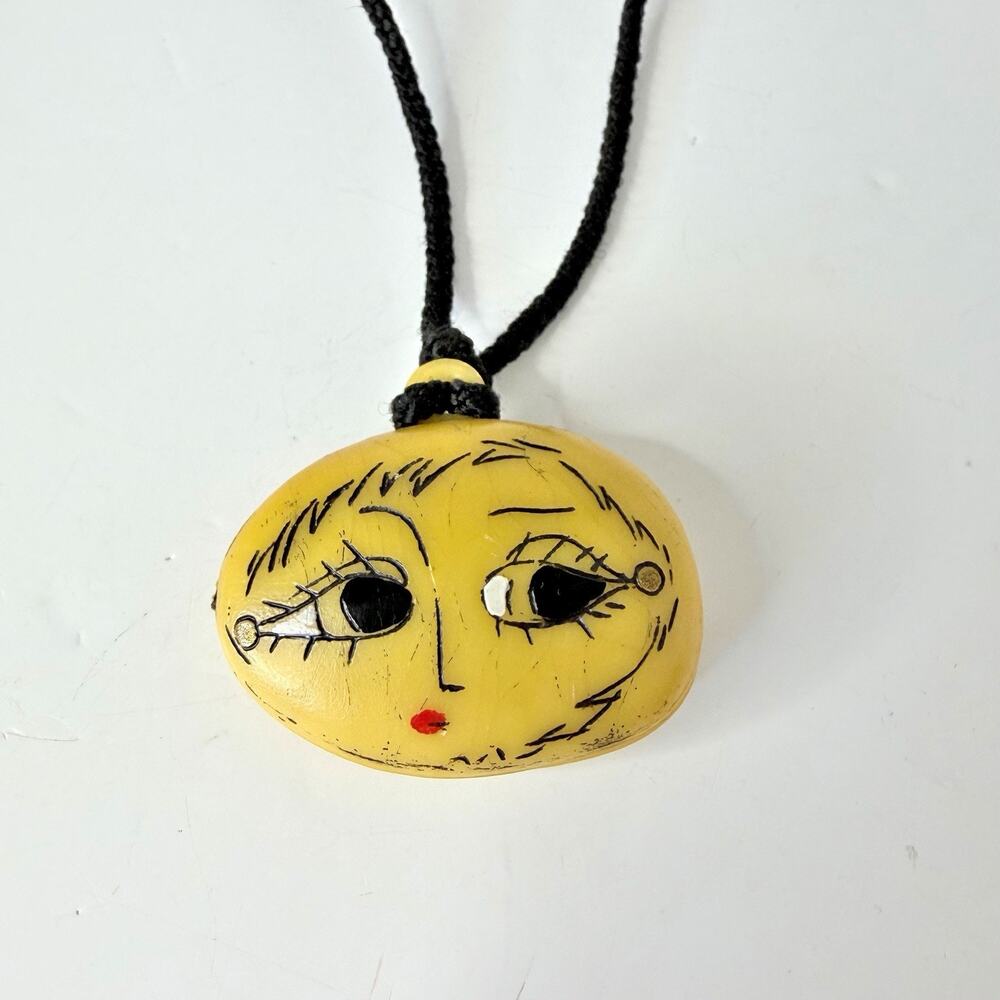 Vintage Artisan Hand Painted Lady Face Rock Pendant Necklace 22"
